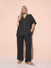 Yours Curve Black Darted Waist Linen Trousers - Image 1 of 4