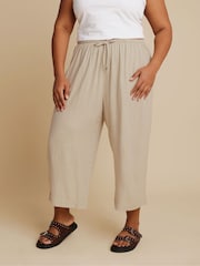 Yours Curve Natural Linen Cropped Wide Leg Skinny Waist Trousers - Image 1 of 5