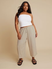 Yours Curve Natural Linen Cropped Wide Leg Skinny Waist Trousers - Image 2 of 5