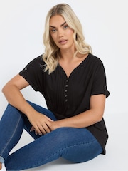 Yours Curve Black Pintuck Short Sleeve T-Shirt - Image 1 of 5