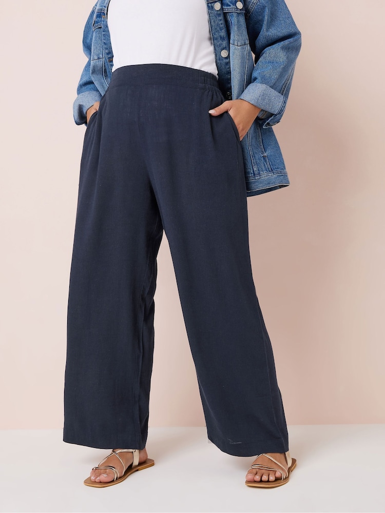 Yours Curve Blue Linen Pull On Wide Leg Trousers - Image 1 of 5