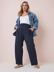 Yours Curve Blue Linen Pull On Wide Leg Trousers - Image 2 of 5
