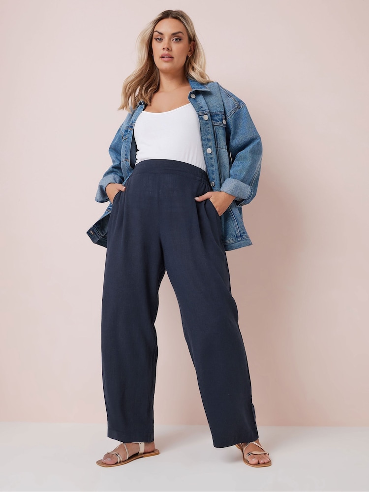 Yours Curve Blue Linen Pull On Wide Leg Trousers - Image 2 of 5