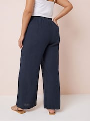Yours Curve Blue Linen Pull On Wide Leg Trousers - Image 3 of 5