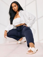 Yours Curve Blue Linen Joggers - Image 3 of 5