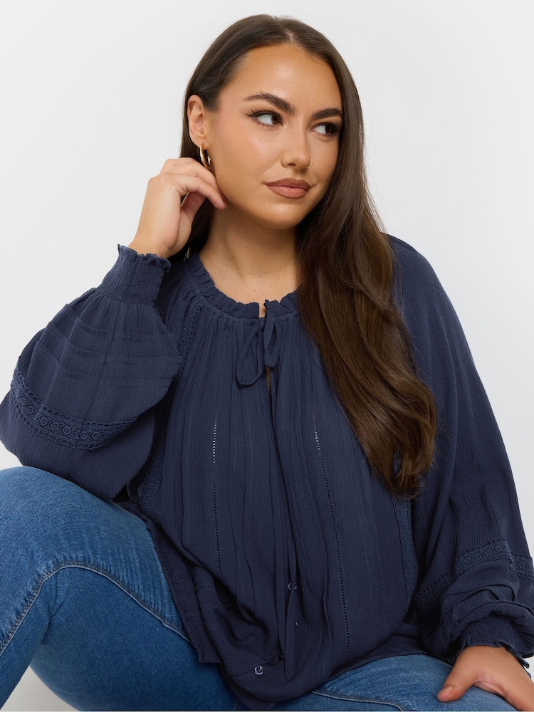 Yours Curve Blue Boho Pintuck Blouse - Image 2 of 5