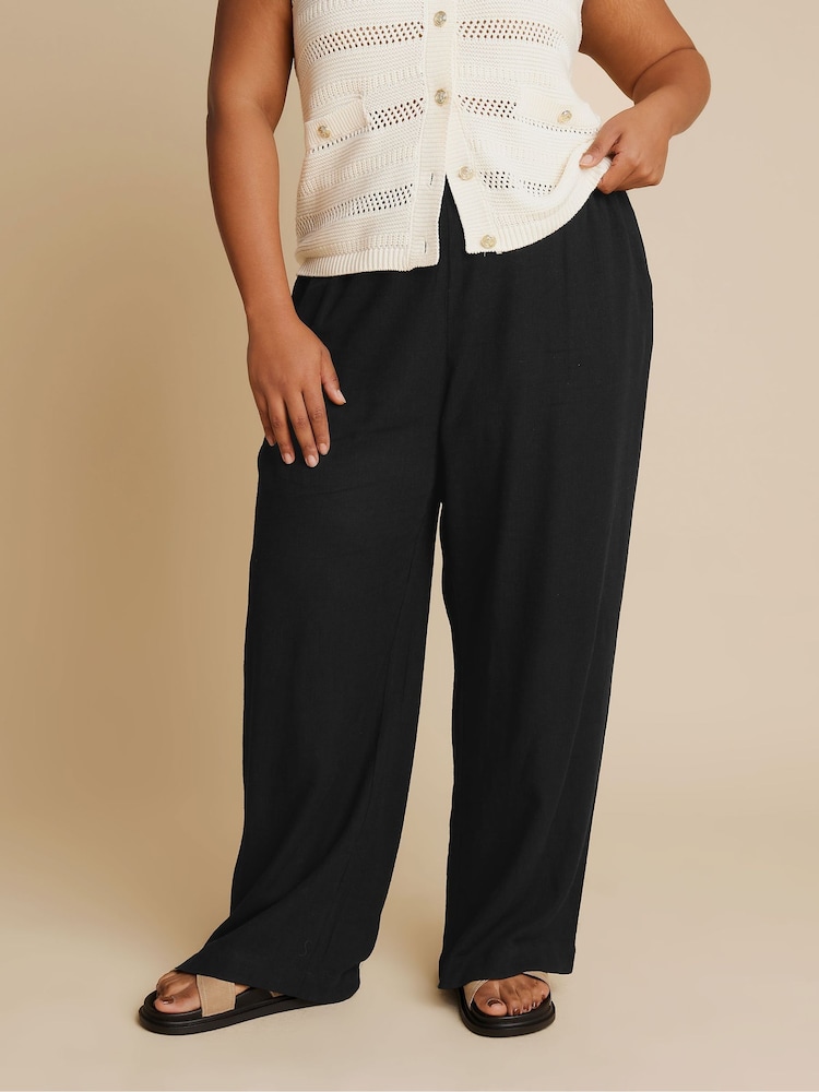 Yours Curve Black Linen Pull On Wide Leg Trousers - Image 1 of 5