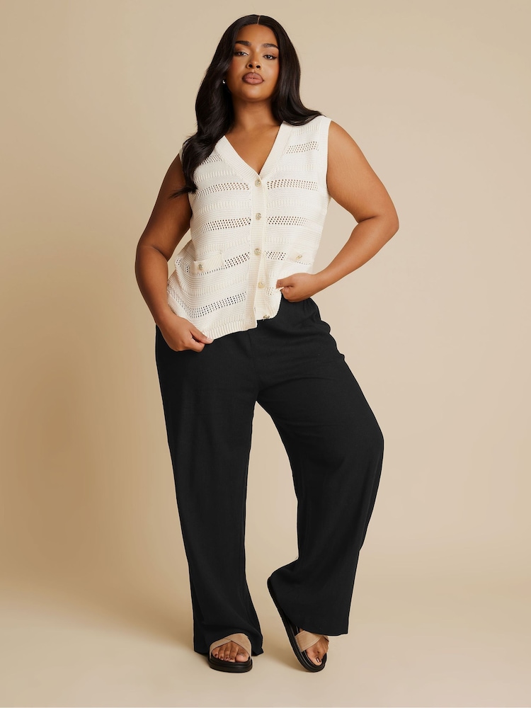 Yours Curve Black Linen Pull On Wide Leg Trousers - Image 2 of 5 Yours Curve Black Linen Pull On Wide Leg Trousers - Image 2 of 5