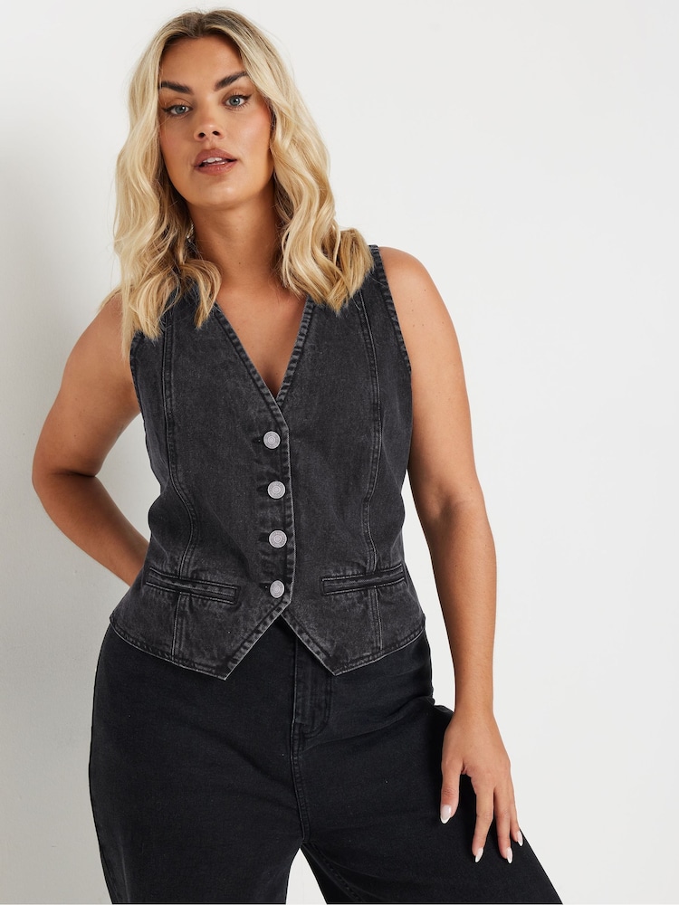 Yours Curve Black Denim 100% Cotton Waistcoat - Image 1 of 4