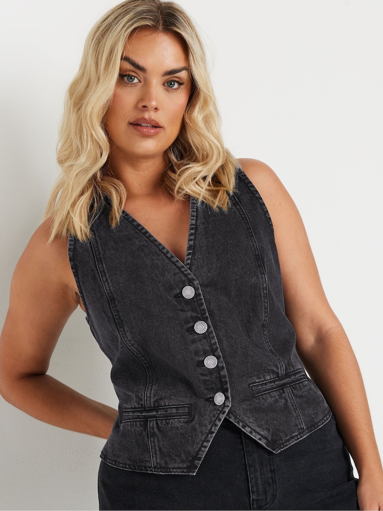 Yours Curve Black Denim 100% Cotton Waistcoat - Image 4 of 4 Yours Curve Black Denim 100% Cotton Waistcoat - Image 4 of 4
