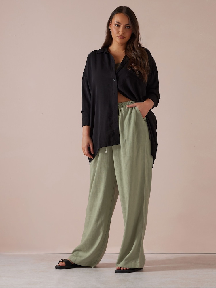 Yours Curve Green Linen Skinny Waistband Trousers - Image 1 of 6