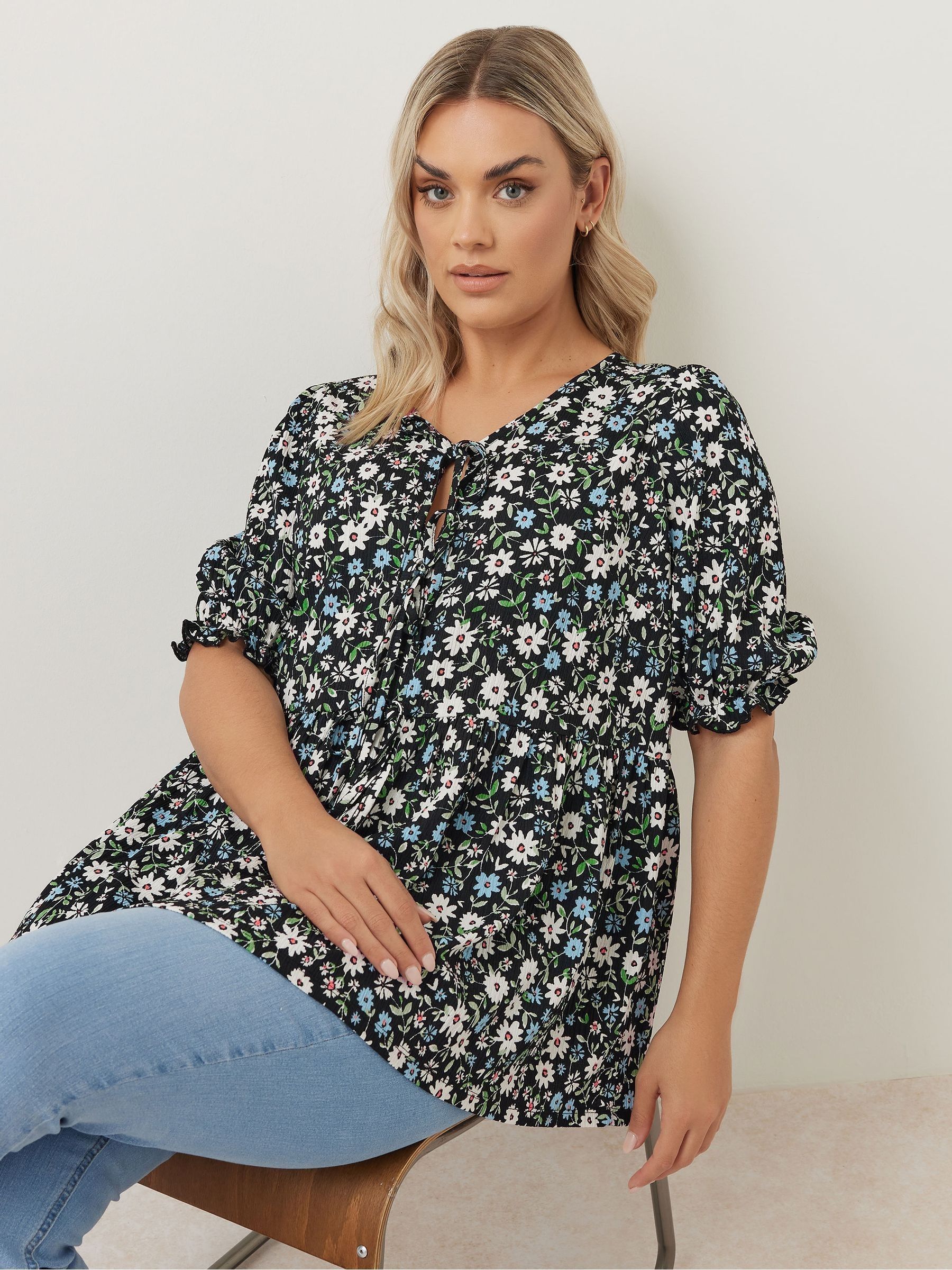 Buy Yours Curve Black Bow Front Smock Ditsy Top from Next Poland