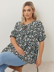 Yours Curve Black Bow Front Smock Ditsy Top - Image 1 of 6