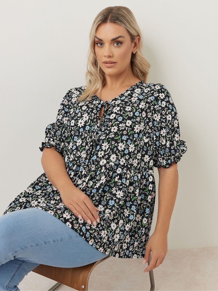 Yours Curve Black Bow Front Smock Ditsy Top - Image 1 of 6