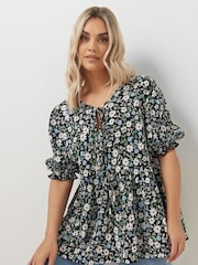 Yours Curve Black Bow Front Smock Ditsy Top - Image 2 of 6