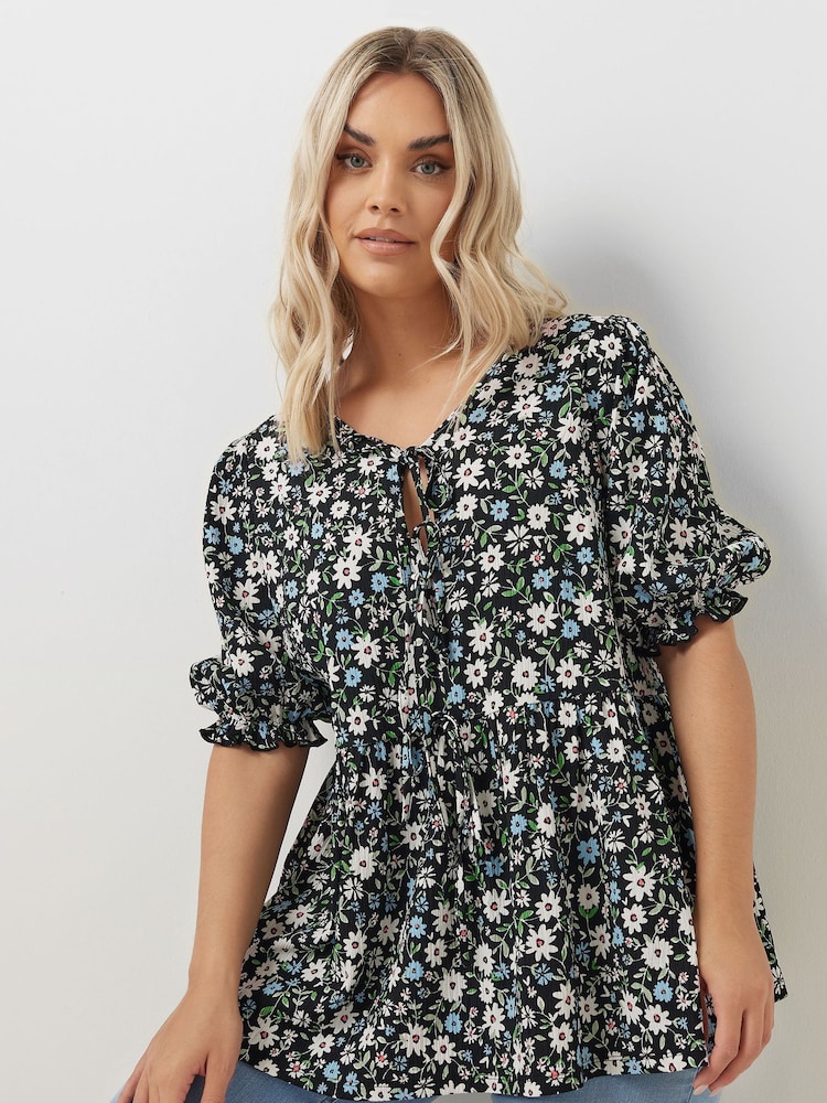 Yours Curve Black Bow Front Smock Ditsy Top - Image 2 of 6