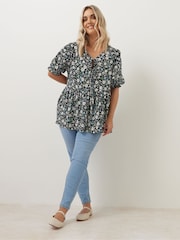 Yours Curve Black Bow Front Smock Ditsy Top - Image 3 of 6