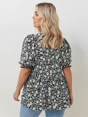 Yours Curve Black Bow Front Smock Ditsy Top - Image 4 of 6