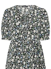 Yours Curve Black Bow Front Smock Ditsy Top - Image 6 of 6