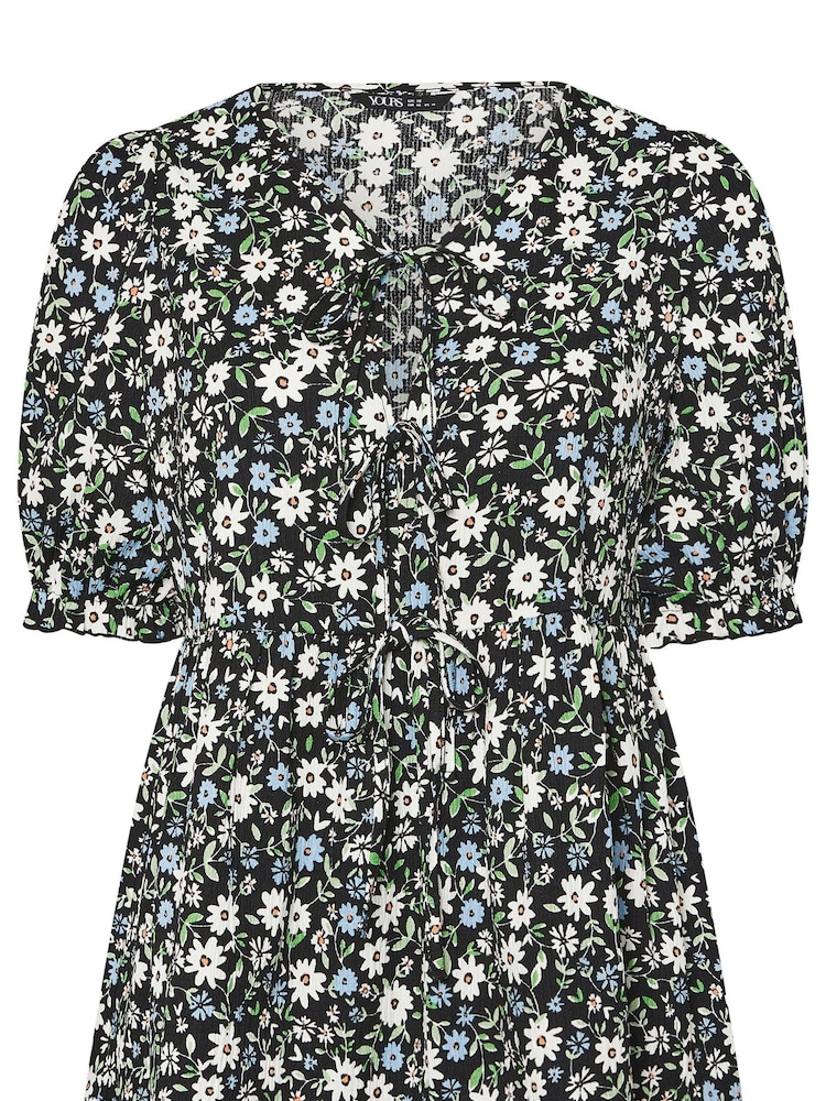 Yours Curve Black Bow Front Smock Ditsy Top - Image 6 of 6