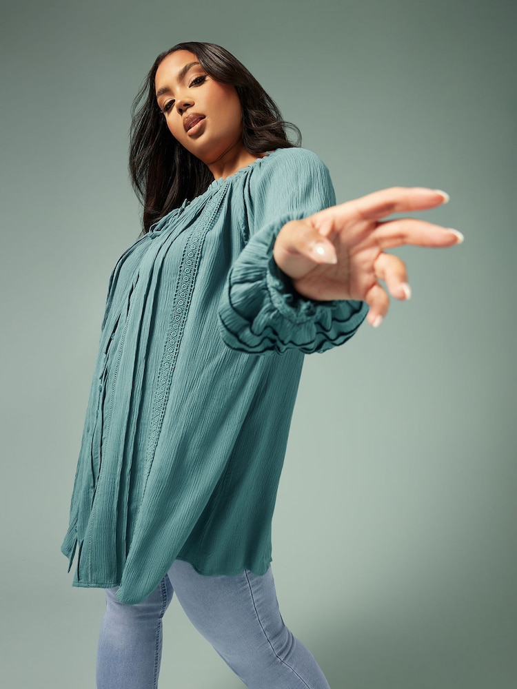 Yours Curve Blue Boho Pintuck Blouse - Image 1 of 6
