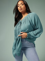 Yours Curve Blue Boho Pintuck Blouse - Image 2 of 6