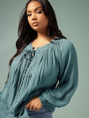 Yours Curve Blue Boho Pintuck Blouse - Image 4 of 6