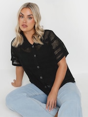 Yours Curve Black Collared Button Through Jumper - Image 1 of 5