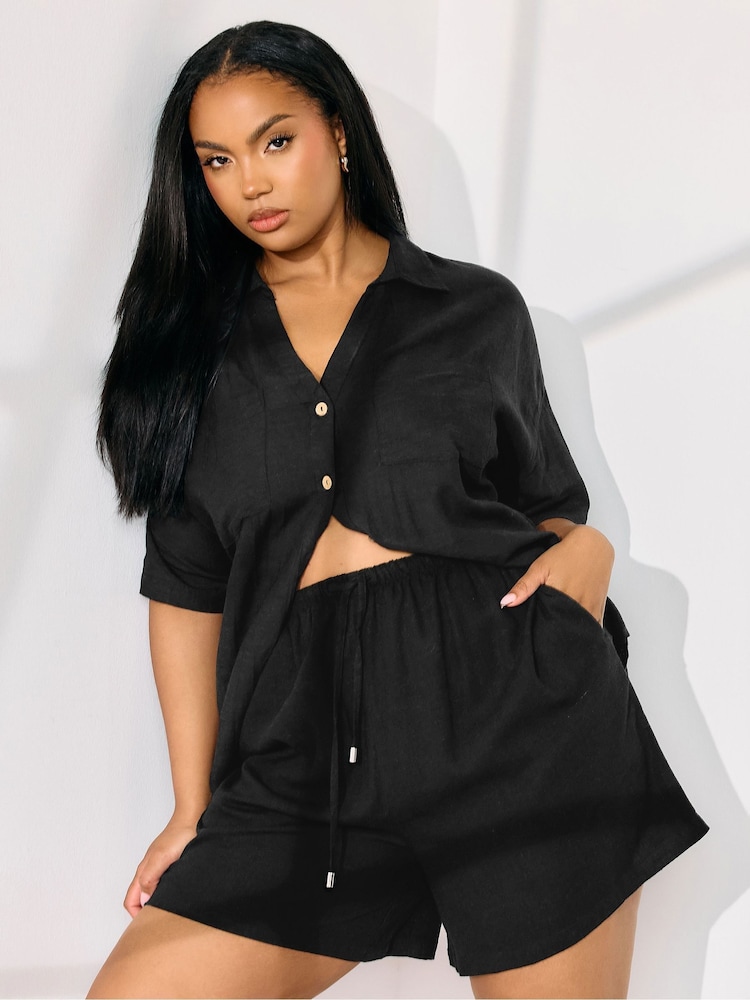Yours Curve Black Linen Shorts - Image 1 of 5