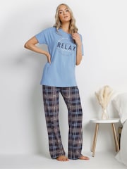 Long Tall Sally Blue Relax Self Care Wid Leg 100% Cotton Pyjamas Set - Image 1 of 5