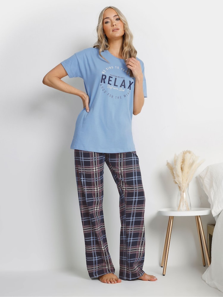 Long Tall Sally Blue Relax Self Care Wid Leg 100% Cotton Pyjamas Set - Image 1 of 5