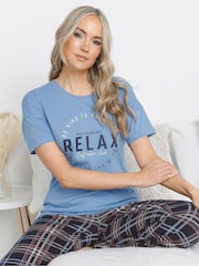 Long Tall Sally Blue Relax Self Care Wid Leg 100% Cotton Pyjamas Set - Image 3 of 5