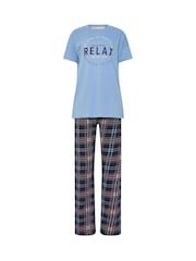 Long Tall Sally Blue Relax Self Care Wid Leg 100% Cotton Pyjamas Set - Image 5 of 5