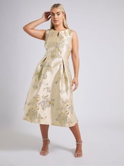 Yours Curve Gold London Jacquard Floral Notch Neck Dress - Image 1 of 5