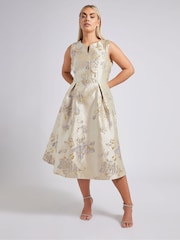 Yours Curve Gold London Jacquard Floral Notch Neck Dress - Image 2 of 5