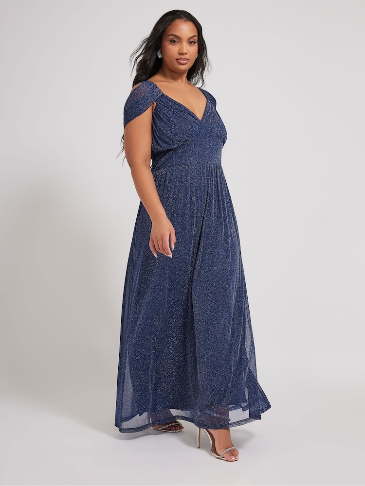 Yours Curve Blue London Metallic Mesh Cold Shoulder Dress - Image 1 of 2