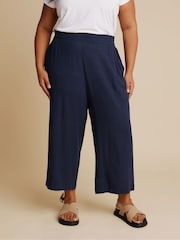 Yours Curve Blue Linen Cropped Pull On Wide Leg Trousers - Image 1 of 5