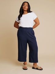 Yours Curve Blue Linen Cropped Pull On Wide Leg Trousers - Image 2 of 5