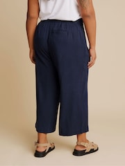 Yours Curve Blue Linen Cropped Pull On Wide Leg Trousers - Image 3 of 5
