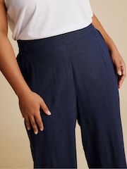 Yours Curve Blue Linen Cropped Pull On Wide Leg Trousers - Image 4 of 5