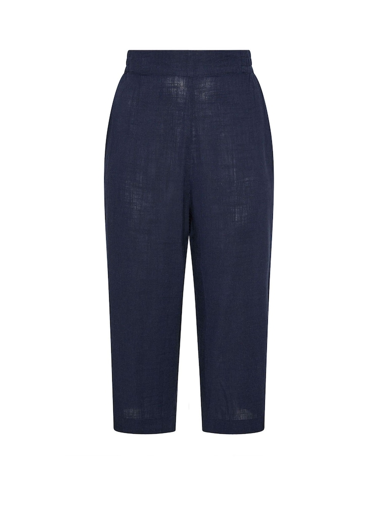 Yours Curve Blue Linen Cropped Pull On Wide Leg Trousers - Image 5 of 5