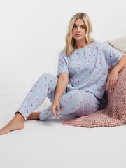 Yours Curve Blue Cherry Bows Tapered 100% Cotton Pyjama Set - Image 2 of 5
