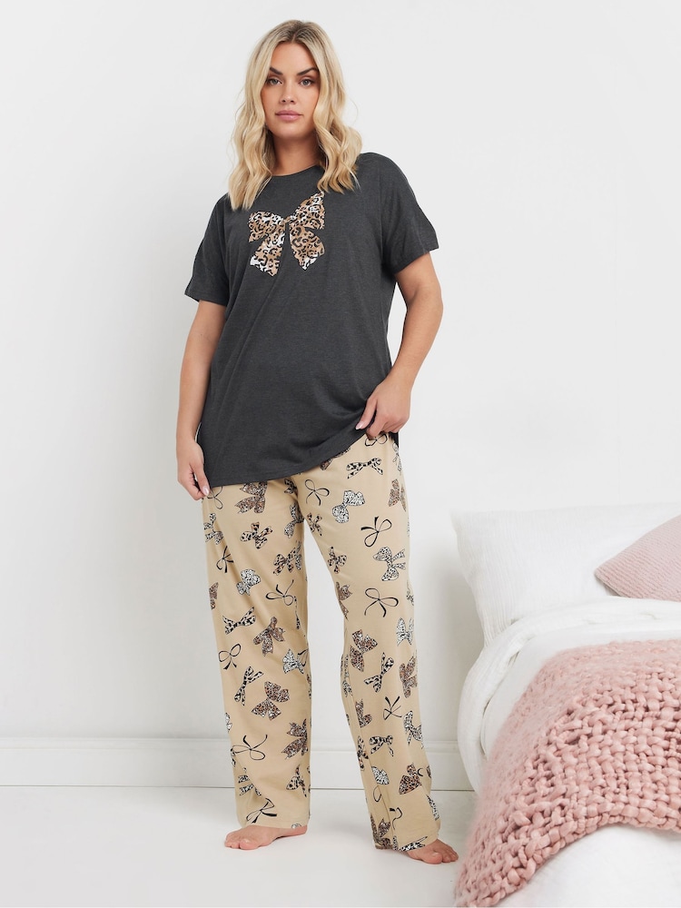 Yours Curve Black Animal Bows Wide Leg Pyjama Set - Image 1 of 5