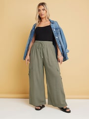 Yours Curve Green Linen Cargo Trousers - Image 1 of 5