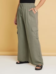 Yours Curve Green Linen Cargo Trousers - Image 2 of 5