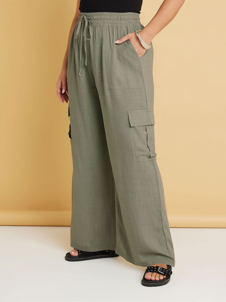 Yours Curve Green Linen Cargo Trousers - Image 2 of 5