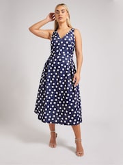 Yours Curve Blue London V-Neck Pleated Dress - Image 1 of 5