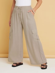 Yours Curve Natural Linen Cargo Trousers - Image 2 of 5