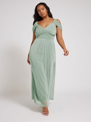 Yours Curve Green London Metallic Mesh Cold Shoulder Dress - Image 1 of 8