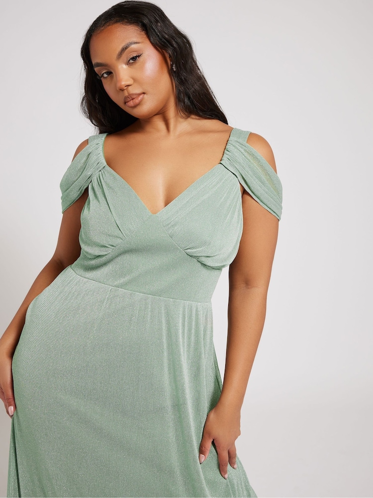 Yours Curve Green London Metallic Mesh Cold Shoulder Dress - Image 2 of 8